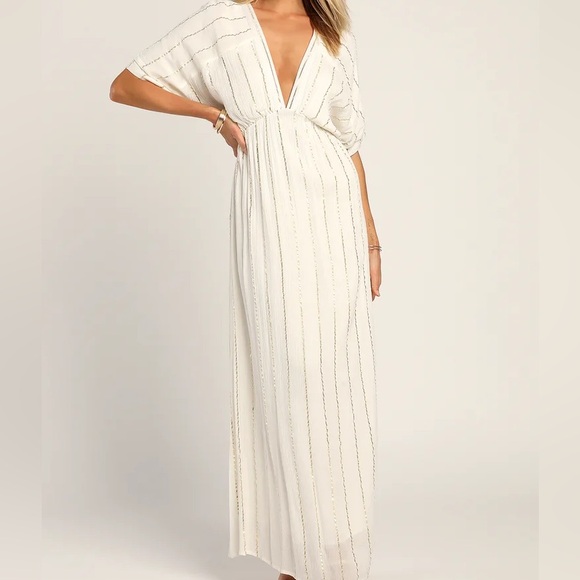Goddess Vibes Ivory Gold Striped Dolman Sleeve Maxi Dress - Picture 8 of 12